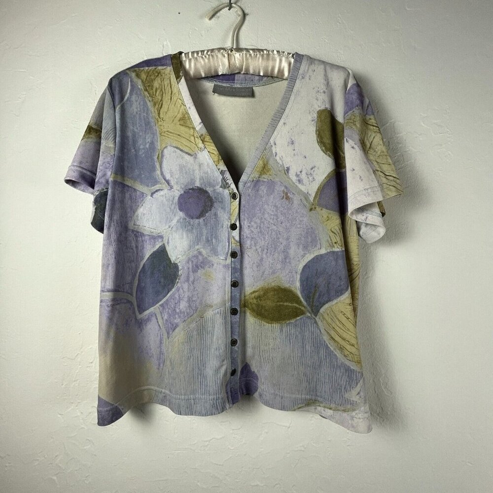 Carol Anderson Women's Floral Button Front Shortsleeve Blouse Purple Size Medium